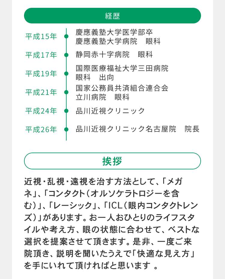 経歴
平成15年
慶應義塾大学医学部卒
慶應義塾大学病院 眼科
平成17年
静岡赤十字病院 眼科
平成19年
国際医療福祉大学三田病院
眼科 出向
国家公務員共済組合連合会
平成21年
立川病院 眼科
平成24年
品川近視クリニック
平成26年
品川近視クリニック名古屋院 院長
挨拶
近視・乱視・遠視を治す方法として、「メガ
ネ」、「コンタクト (オルソケラトロジーを含
む)」、「レーシック」、 「ICL (眼内コンタクトレン
ズ)」があります。 お一人おひとりのライフスタ
イルや考え方、 眼の状態に合わせて、ベストな
選択を提案させて頂きます。 是非、一度ご来
院頂き、説明を聞いたうえで「快適な見え方」
を手にいれて頂ければと思います。