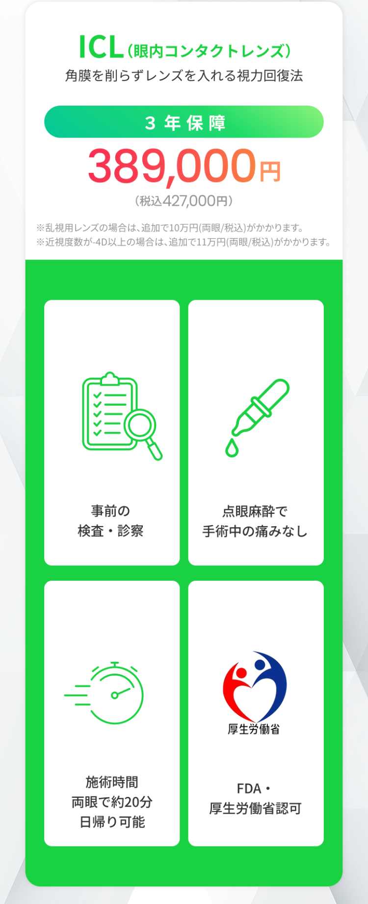 ICL (眼内コンタクトレンズ)
角膜を削らずレンズを入れる視力回復法
3年保障
389,000円
(税込427,000円)
※乱視用レンズの場合は、追加で10万円(両眼/税込)がかかります。
※近視度数が-4D以上の場合は、追加で11万円 (両眼/税込)がかかります。
>>>>>
事前の
点眼麻酔で
検査・診察
手術中の痛みなし
施術時間
両眼で約20分
日帰り可能
厚生労働省
FDA
•
厚生労働省認可