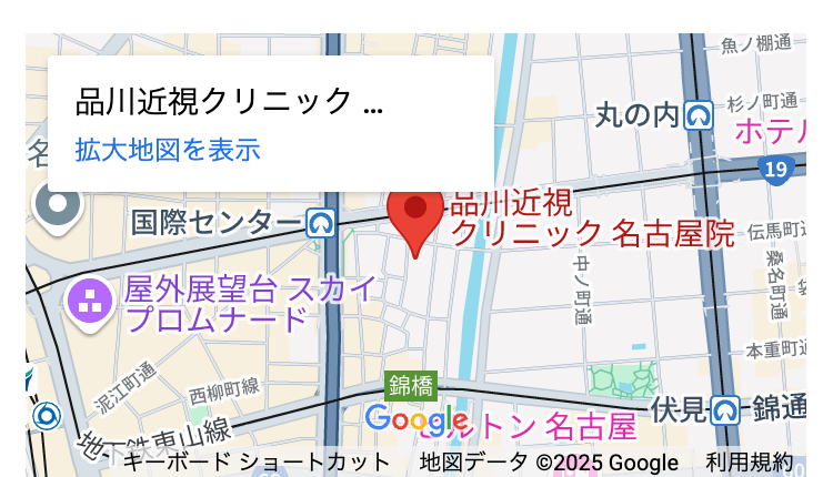 魚ノ棚通
品川近視クリニック...
名拡大地図を表示
丸の内 杉ノ町通
ホテノ
19
国際センターの
屋外展望台 スカイ
錦橋
「プロムナード
-泥江町通
西町
地下鉄ンドショートカット 地図データ ©2025 Google 利用規約
▶品川近視
クリニック名古屋院 伝馬町
中ノ町通
+M
桑名町通
本重町
Googleトン名古屋
伏見錦通