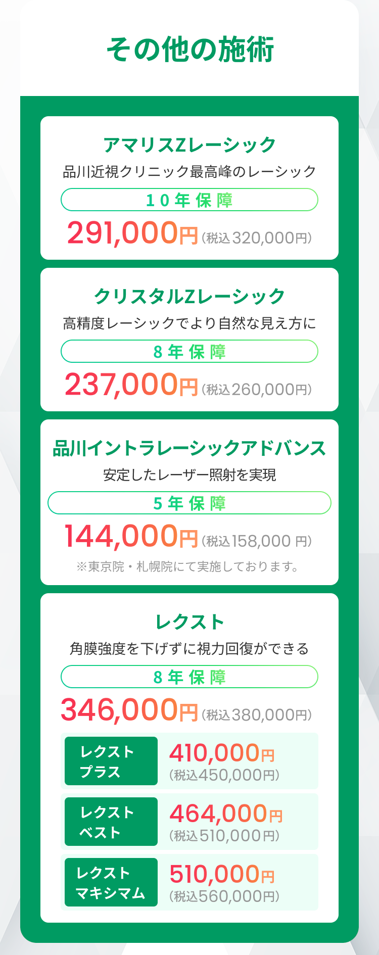 その他の施術
アマリスZレーシック
品川近視クリニック最高峰のレーシック
10年保障
291,000円 (税込 320,000円)
クリスタルZレーシック
高精度レーシックでより自然な見え方に
8年保障
237,000円 (税込 260,000円)
品川イントラレーシックアドバンス
安定したレーザー照射を実現
5年保障
144,000円 (税込 158,000円)
※東京院・札幌院にて実施しております。
レクスト
角膜強度を下げずに視力回復ができる
8年保障
346,000円 (税込 380,000円)
レクスト
410,000円
プラス
レクスト
(税込450,000円)
464,000円
ベスト
(税込510,000円)
レクスト
510,000円
マキシマム
(税込560,000円)