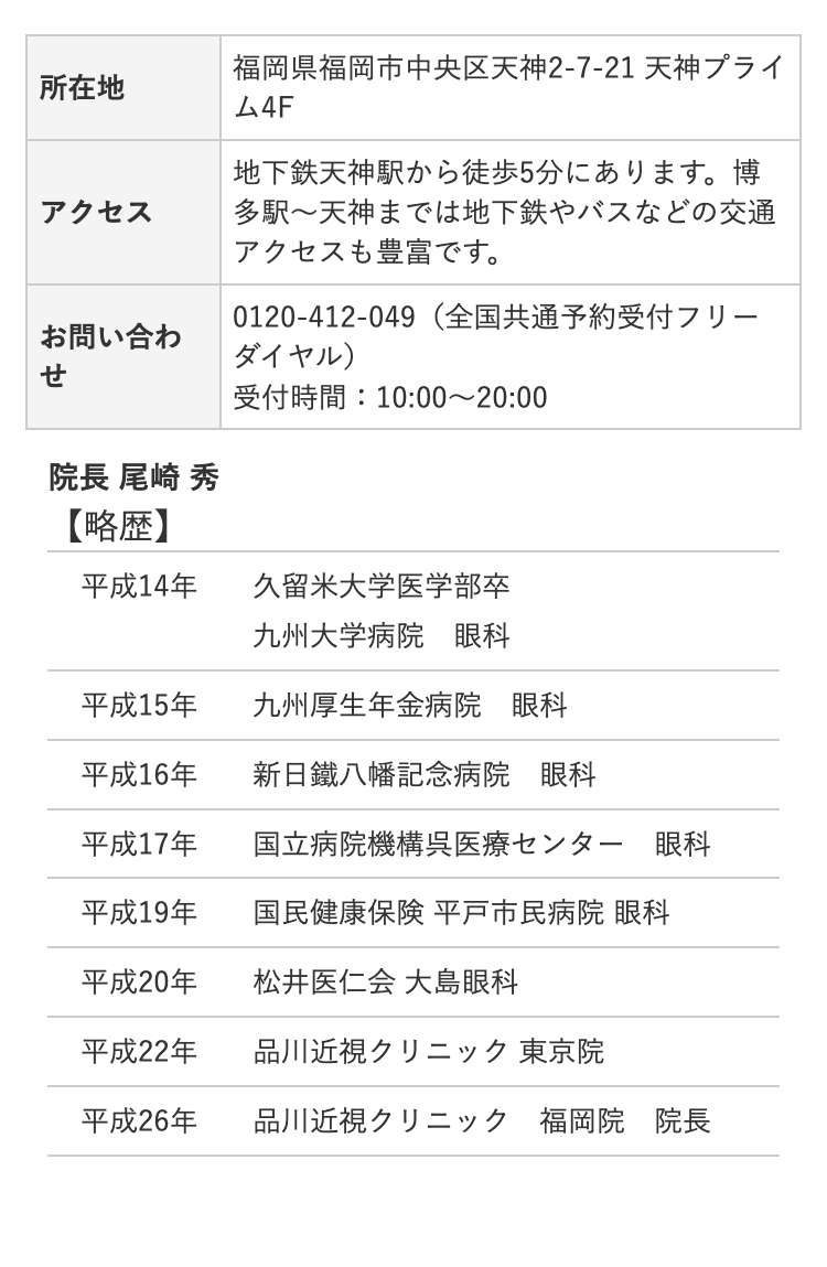 所在地
アクセス
お問い合わ
せ
院長 尾崎 秀
福岡県福岡市中央区天神2-7-21 天神プライ
ム4F
地下鉄天神駅から徒歩5分にあります。 博
多駅~天神までは地下鉄やバスなどの交通
アクセスも豊富です。
0120409 (全国共通予約受付フリー
ダイヤル)
受付時間: 10:00~20:00
【略歴】
平成14年
久留米大学医学部卒
九州大学病院 眼科
平成15年
九州厚生年金病院 眼科
平成16年
新日鐵八幡記念病院 眼科
平成17年
国立病院機構呉医療センター 眼科
平成19年
国民健康保険 平戸市民病院 眼科
平成20年
松井医仁会 大島眼科
平成22年
品川近視クリニック 東京院
平成26年
品川近視クリニック 福岡院 院長