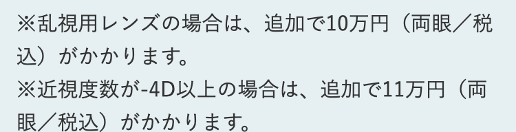 ※乱視用レンズの場合は、追加で10万円(両眼/税
込)がかかります。
※近視度数が-4D以上の場合は、追加で11万円(両
眼/税込)がかかります。