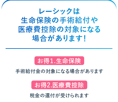 FDA/
日帰り
お手入れ
厚生労働省
治療
不要
認可
レーシックは
生命保険の手術給付や
医療費控除の対象になる
場合があります!
お得1.生命保険
手術給付金の対象になる場合があります
お得2.医療費控除
税金の還付が受けられます