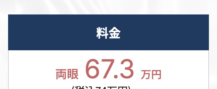 料金
両眼
67.3
万円
(税込74万円) ※1
分割料金
レンズ代:19万円 (税込) / 分割元金 : 55万円 (税込)
分割
初回料金
回数
(税込)
2回目以降料金
(税込)
12回
46,200円
月々 45,800円
24回
23,300円 (税込)
月々 22,900円(税込)
36回
18,000円 (税込)
月々15,200円 (税込)
・※1に関して多焦点眼内レンズにファインビジョンを
使用した場合
最初にお支払い頂くレンズ代金により月々のお支払
金額は変わります。
・分割のお支払いには審査が必要です。
・こちらはシミュレーション例となります。
・近視治療をICLで行った場合、 +10万円 (税込)かか
ります。
・詳しくはクリニックにお問合せください。
レンズオプション費用(税込)
オデッセイ
76.4万円 (税込84万円)
パンオプティクス
85.5万円 (税込94万円)
保障期間
3年
