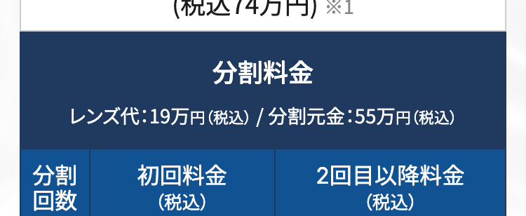 料金
両眼
67.3
万円
(税込74万円) ※1
分割料金
レンズ代:19万円 (税込) / 分割元金 : 55万円 (税込)
分割
初回料金
回数
(税込)
2回目以降料金
(税込)
12回
46,200円
月々 45,800円
24回
23,300円 (税込)
月々 22,900円(税込)
36回
18,000円 (税込)
月々15,200円 (税込)
・※1に関して多焦点眼内レンズにファインビジョンを
使用した場合
最初にお支払い頂くレンズ代金により月々のお支払
金額は変わります。
・分割のお支払いには審査が必要です。
・こちらはシミュレーション例となります。
・近視治療をICLで行った場合、 +10万円 (税込)かか
ります。
・詳しくはクリニックにお問合せください。
レンズオプション費用(税込)
オデッセイ
76.4万円 (税込84万円)
パンオプティクス
85.5万円 (税込94万円)
保障期間
3年