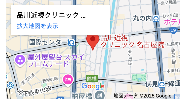 魚ノ棚通
品川近視クリニック...
拡大地図を表示
丸の内 杉町通
ホテル
19
国際センター
▶品川近視
クリニック名古屋院 伝馬町
屋外展望台 スカイ
プロムナード
中ノ町通
+
ALT
町
西柳町線
錦橋
東山線
Google
通
キーボードショートカット 地図データ ©2025 Google 利用規約