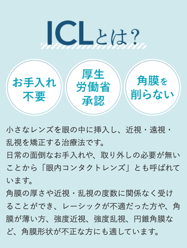 ICLとは?
厚生
お手入れ
角膜を
労働省
不要
削らない
承認
小さなレンズを眼の中に挿入し、近視・遠視・
乱視を矯正する治療法です。
日常の面倒なお手入れや、取り外しの必要が無い
ことから「眼内コンタクトレンズ」とも呼ばれて
います。
角膜の厚さや近視・乱視の度数に関係なく受け
ることができ、 レーシックが不適だった方や、角
膜が薄い方、強度近視、強度乱視、 円錐角膜な
ど、角膜形状が不正な方にも適しています。