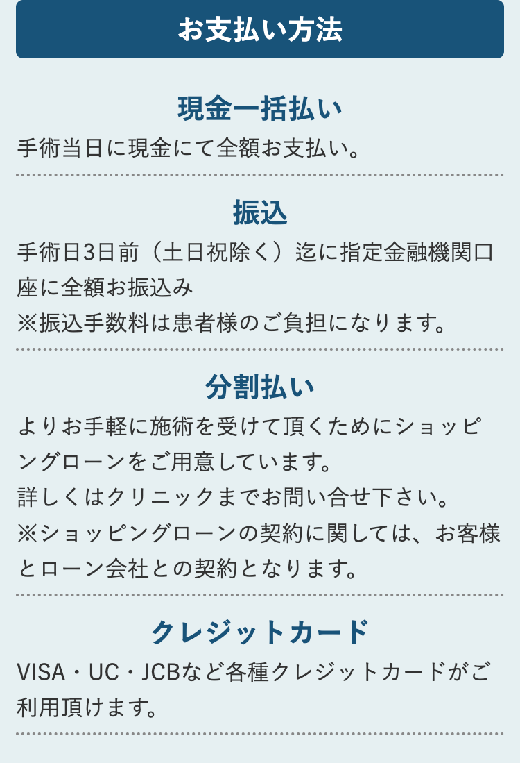 お支払い方法
現金一括払い
手術当日に現金にて全額お支払い。
振込
手術日3日前(土日祝除く) 迄に指定金融機関口
座に全額お振込み
※振込手数料は患者様のご負担になります。
分割払い
よりお手軽に施術を受けて頂くためにショッピ
ングローンをご用意しています。
詳しくはクリニックまでお問い合せ下さい。
※ショッピングローンの契約に関しては、お客様
とローン会社との契約となります。
クレジットカード
VISA・UC・JCBなど各種クレジットカードがご
利用頂けます。