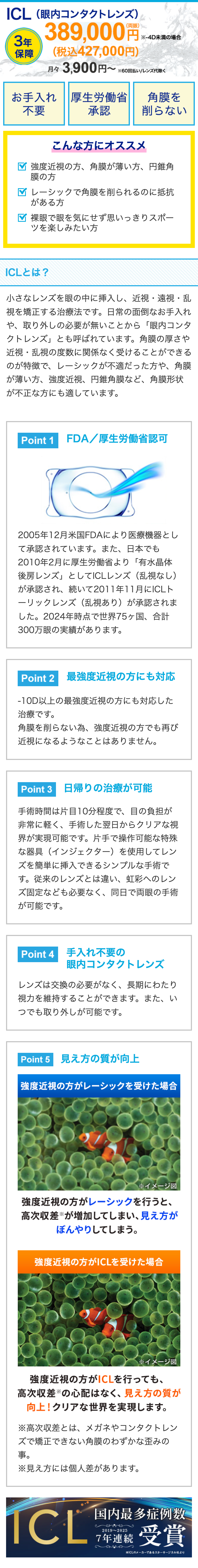 ICL (眼内コンタクトレンズ)
3保
3年
389,000円
保障
(税込427,000円)
※4D未満の場合
月々 3,900円~
※60回払い/レンズ代除く
お手入れ 厚生労働省
角膜を
不要
承認
削らない
こんな方にオススメ
強度近視の方、 角膜が薄い方、円錐角
膜の方
レーシックで角膜を削られるのに抵抗
がある方
裸眼で眼を気にせず思いっきりスポー
ツを楽しみたい方
ICLとは?
小さなレンズを眼の中に挿入し、近視・遠視・乱
視を矯正する治療法です。 日常の面倒なお手入れ
や、取り外しの必要が無いことから 「眼内コンタ
クトレンズ」とも呼ばれています。 角膜の厚さや
近視・乱視の度数に関係なく受けることができる
のが特徴で、レーシックが不適だった方や、角膜
が薄い方、強度近視、 円錐角膜など、 角膜形状
が不正な方にも適しています。
Point1 FDA/厚生労働省認可
2005年12月米国FDAにより医療機器とし
て承認されています。 また、 日本でも
2010年2月に厚生労働省より「有水晶体
後房レンズ」としてICLレンズ (乱視なし)
が承認され、続いて2011年11月にICLト
ーリックレンズ (乱視あり) が承認されま
した。 2024年時点で世界75ヶ国、合計
300万眼の実績があります。
Point 2 最強度近視の方にも対応
-10D以上の最強度近視の方にも対応した
治療です。
角膜を削らない為、強度近視の方でも再び
近視になるようなことはありません。
Point 3 日帰りの治療が可能
手術時間は片目10分程度で、目の負担が
非常に軽く、 手術した翌日からクリアな視
界が実現可能です。 片手で操作可能な特殊
な器具(インジェクター)を使用してレン
ズを簡単に挿入できるシンプルな手術で
す。 従来のレンズとは違い、 虹彩へのレン
ズ固定なども必要なく、同日で両眼の手術
が可能です。
Point 4 手入れ不要の
眼内コンタクトレンズ
レンズは交換の必要がなく、 長期にわたり
視力を維持することができます。 また、い
つでも取り外しが可能です。
Point 5 見え方の質が向上
強度近視の方がレーシックを受けた場合
※イメージ図
強度近視の方がレーシックを行うと、
高次収差が増加してしまい、見え方が
ぼんやりしてしまう。
強度近視の方がICLを受けた場合
※イメージ図
強度近視の方がICLを行っても、
高次収差の心配はなく、 見え方の質が
向上!クリアな世界を実現します。
※高次収差とは、メガネやコンタクトレン
ズで矯正できない角膜のわずかな歪みの
事。
※見え方には個人差があります。
ICL
国内最多症例数
2019-2025
7年連続受賞
ICLのメーカーであるスターサージカル社より