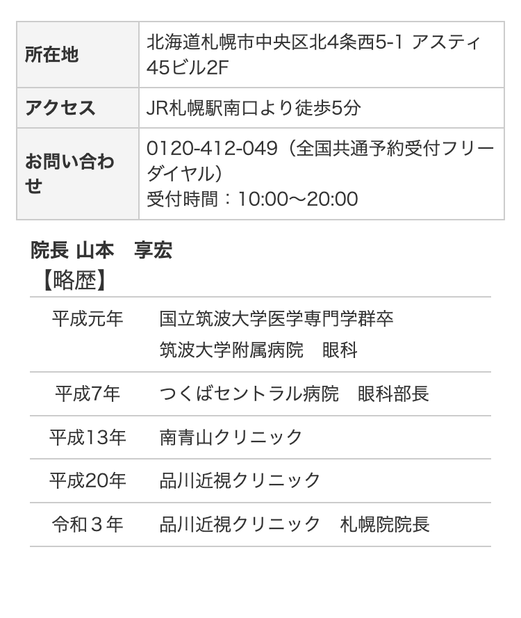 所在地
北海道札幌市中央区北4条西5-1 アスティ
45ビル2F
アクセス
JR札幌駅南口より徒歩5分
0120-412-049 (全国共通予約受付フリー
お問い合わ
ダイヤル)
せ
受付時間:10:00~20:00
院長 山本 享宏
【略歴】
平成元年
国立筑波大学医学専門学群卒
筑波大学附属病院 眼科
平成7年
つくばセントラル病院 眼科部長
平成13年
南青山クリニック
平成20年
品川近視クリニック
令和3年
品川近視クリニック 札幌院院長