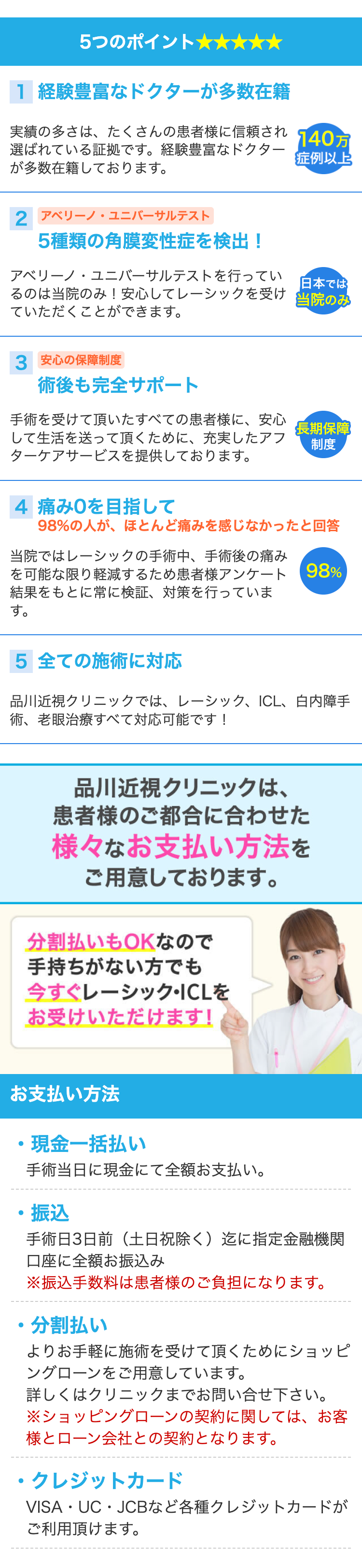 5つのポイント★★★★★
1 経験豊富なドクターが多数在籍
実績の多さは、たくさんの患者様に信頼され
選ばれている証拠です。 経験豊富なドクター
が多数在籍しております。
•
2 アベリーノ ユニバーサルテスト
5種類の角膜変性症を検出!
140万
症例以上
アベリーノ・ユニバーサルテストを行ってい
日本では
るのは当院のみ!安心してレーシックを受け 当院のみ
ていただくことができます。
3 安心の保障制度
術後も完全サポート
手術を受けて頂いたすべての患者様に、安心
【長期保障
して生活を送って頂くために、 充実したアフ 制度
ターケアサービスを提供しております。
4 痛み0を目指して
98%の人が、ほとんど痛みを感じなかったと回答
当院ではレーシックの手術中、 手術後の痛み
を可能な限り軽減するため患者様アンケート
結果をもとに常に検証、 対策を行っていま
す。
98%
5 全ての施術に対応
品川近視クリニックでは、 レーシック、 ICL、 白内障手
術、老眼治療すべて対応可能です!
品川近視クリニックは、
患者様のご都合に合わせた
様々なお支払い方法を
ご用意しております。
分割払いもOKなので
手持ちがない方でも
今すぐレーシック・ICLを
お受けいただけます!
お支払い方法
現金一括払い
手術当日に現金にて全額お支払い。
・振込
手術日3日前(土日祝除く) 迄に指定金融機関
口座に全額お振込み
※振込手数料は患者様のご負担になります。
•
・分割払い
よりお手軽に施術を受けて頂くためにショッピ
ングローンをご用意しています。
詳しくはクリニックまでお問い合せ下さい。
※ショッピングローンの契約に関しては、お客
様とローン会社との契約となります。
・クレジットカード
VISA・UC・JCBなど各種クレジットカードが
ご利用頂けます。