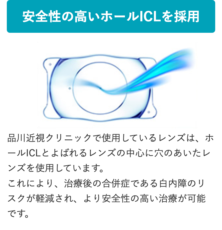 安全性の高いホールICLを採用
C
品川近視クリニックで使用しているレンズは、ホ
ールICLとよばれるレンズの中心に穴のあいたレ
ンズを使用しています。
これにより、治療後の合併症である白内障のリ
スクが軽減され、より安全性の高い治療が可能
です。