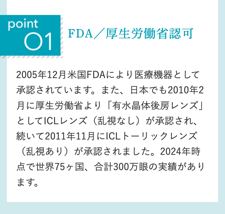 point
01
FDA / 厚生労働省認可
2005年12月米国FDAにより医療機器として
承認されています。 また、 日本でも2010年2
月に厚生労働省より 「有水晶体後房レンズ」
としてICLレンズ (乱視なし) が承認され、
続いて2011年11月にICLトーリックレンズ
(乱視あり)が承認されました。2024年時
点で世界75ヶ国、 合計300万眼の実績があり
ます。