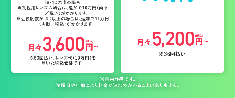 品川近視クリニック 東京 梅田 名古屋 福岡 札幌
Shinagawa LASIK Center
\視力矯正を迷っている方へ/
まずは無料検査で
話を聞いてみませんか?
患者様満足度
99.3%
※集計期間: 2019年1月1日 ~ 2025年12月31日
集計対象人数: 32,421人
ICL
13万症例以上
2011年7月1日 ~ 2026年8月31日
2026年7月からの新価格
ICL
(眼内コンタクトレンズ)
(税込/両眼)
2万円
OFF
40.7万円 ~
-4D未満の場合
乱視用レンズの場合は、 追加で10万円 (両眼
/税込)がかかります。
近視度数が-4D以上の場合は、追加で11万円
(両眼/税込)がかかります。
月々3,600 円~
レーシック
142万症例以上
2004年10月1日 ~ 2026年8月31日
スタンダード
Zレーシック
(税込/両眼)
19 万円 ~
月々 5,200 円 ~
※36回払い
60回払い、レンズ代(19万円)を
除いた税込価格です。
※自由診療です。
※曜日や年齢により料金が追加でかかることはありません。