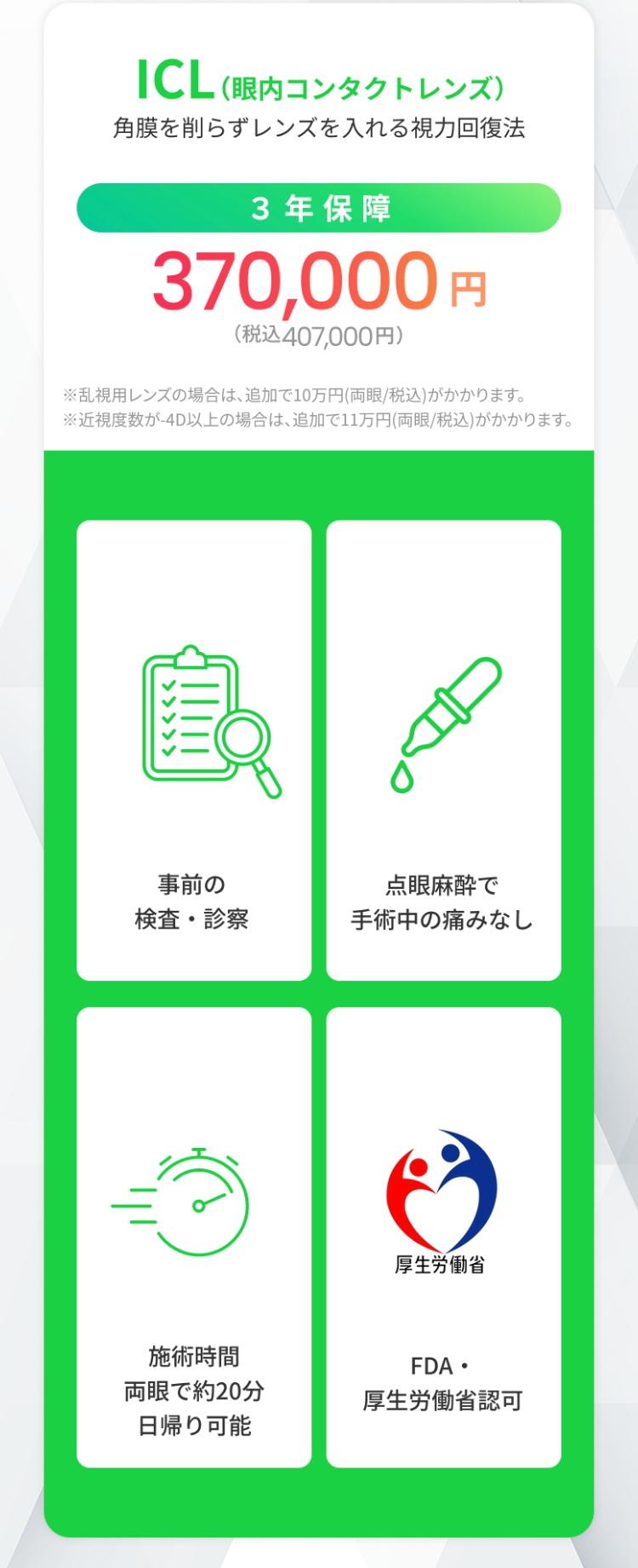 ICL (眼内コンタクトレンズ)
角膜を削らずレンズを入れる視力回復法
3年保障
370,000円
(税込407,000円)
乱視用レンズの場合は、追加で10万円(両眼/税込)がかかります。
※近視度数が-4D以上の場合は、追加で11万円 (両眼/税込)がかかります。
くくくくく
事前の
点眼麻酔で
検査・診察
手術中の痛みなし
施術時間
両眼で約20分
日帰り可能
厚生労働省
FDA・
厚生労働省認可