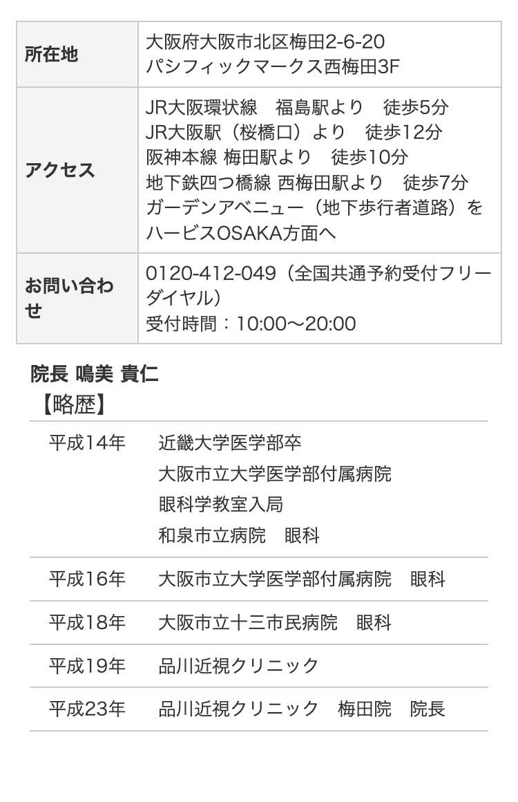 所在地
アクセス
大阪府大阪市北区梅田2-6-20
パシフィックマークス西梅田3F
JR大阪環状線 福島駅より 徒歩5分
JR大阪駅(桜橋口)より 徒歩12分
阪神本線 梅田駅より 徒歩10分
地下鉄四つ橋線 西梅田駅より 徒歩7分
ガーデンアベニュー (地下歩行者道路)を
ハービスOSAKA方面へ
0120-412-049 (全国共通予約受付フリー
お問い合わ
ダイヤル)
せ
受付時間: 10:00~20:00
院長 鳴美 貴仁
【略歴】
平成14年
近畿大学医学部卒
大阪市立大学医学部付属病院
眼科学教室入局
和泉市立病院 眼科
平成16年
大阪市立大学医学部付属病院 眼科
平成18年
大阪市立十三市民病院 眼科
平成19年
品川近視クリニック
平成23年
品川近視クリニック 梅田院 院長