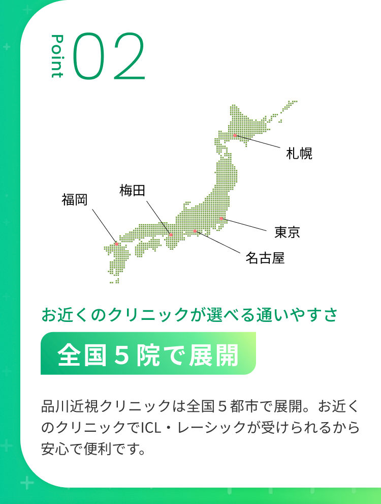 102
梅田
福岡
札幌
東京
名古屋
お近くのクリニックが選べる通いやすさ
全国5院で展開
品川近視クリニックは全国5都市で展開。 お近く
のクリニックでICL ・ レーシックが受けられるから
安心で便利です。