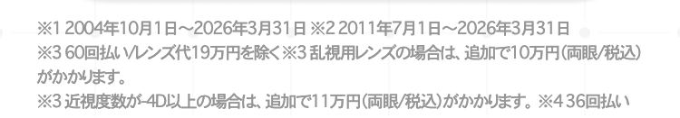 ※12004年10月1日 ~ 2026年3月31日 ※22011年7月1日 ~ 2026年3月31日
※360回払い/レンズ代19万円を除く※3乱視用レンズの場合は、追加で10万円(両眼/税込)
がかかります。
※3 近視度数が-4D以上の場合は、追加で11万円 (両眼/税込)がかかります。436回払い
